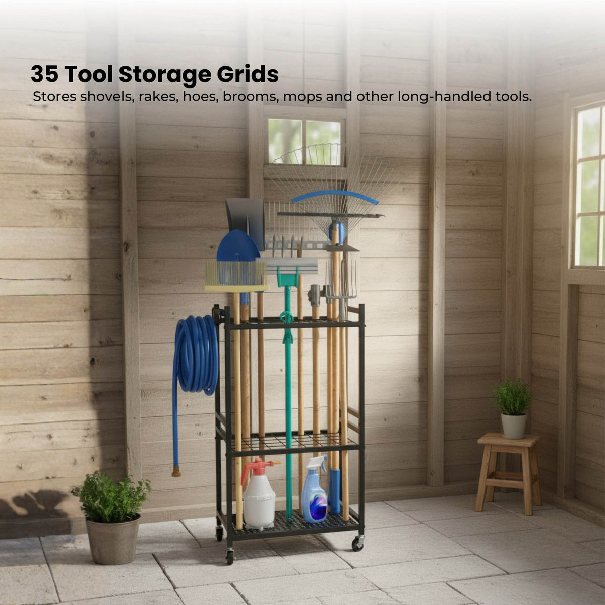 Tooleroo Garden Tool Organiser Rack - Rolling Storage Trolley for Yard Garage