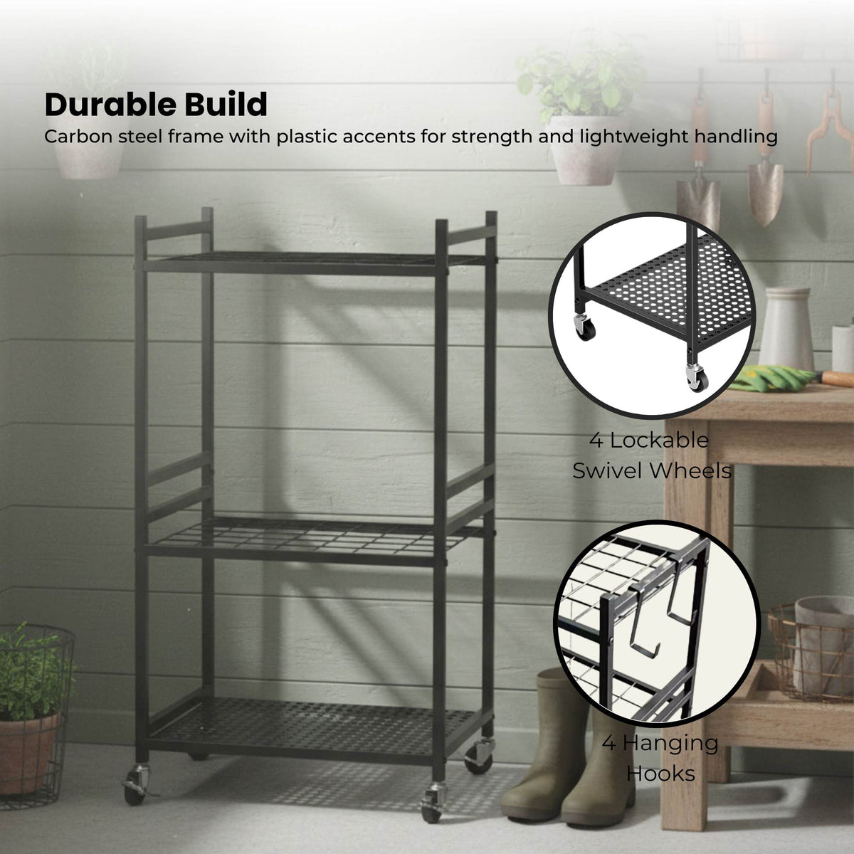 Tooleroo Garden Tool Organiser Rack - Rolling Storage Trolley for Yard Garage