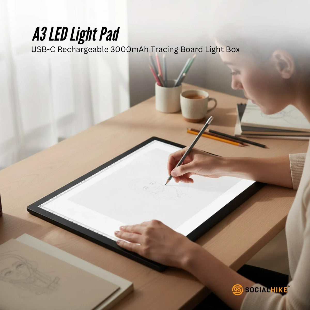 Social Hike A3 LED Light Pad Tracing Board Rechargeable USB-C 3000mAh Light Box
