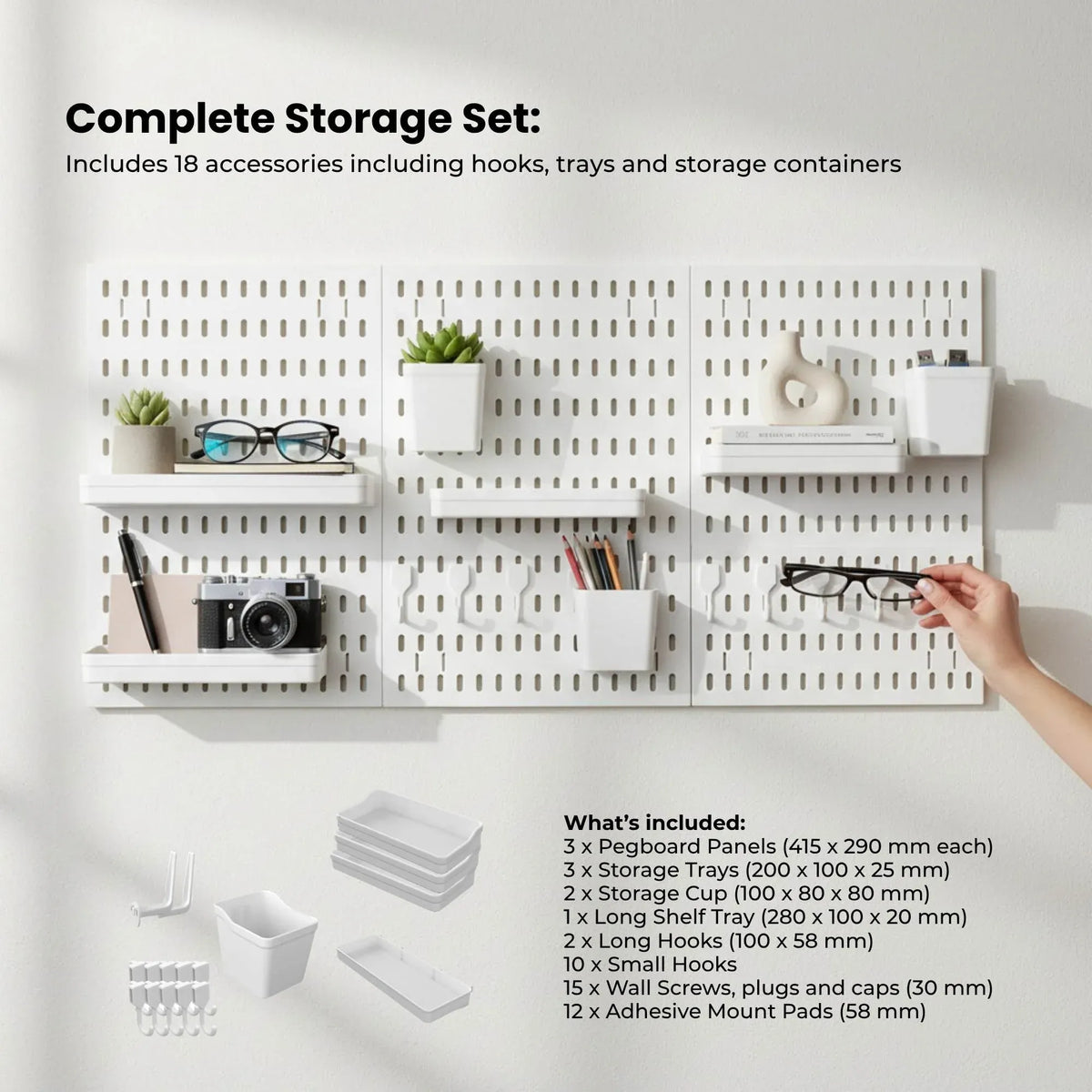 Kitchee Pegboard Wall Organiser Storage Kit 18 with Hooks and Baskets White