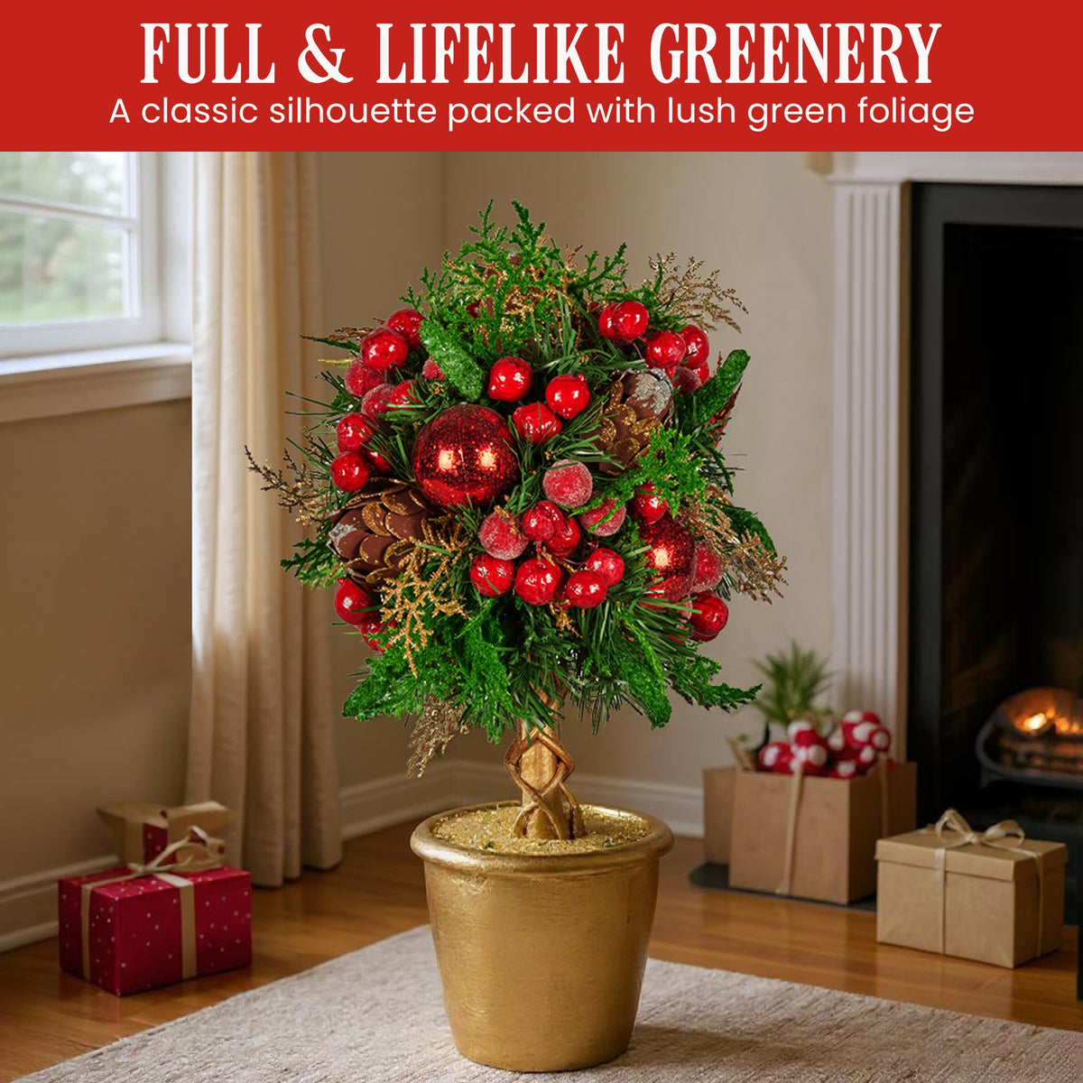 Christabelle 36cm Christmas Tabletop Topiary Tree Pre-Decorated Berries, Baubles & Pine Cones Gold Pot Twisted Stem Festive Decoration