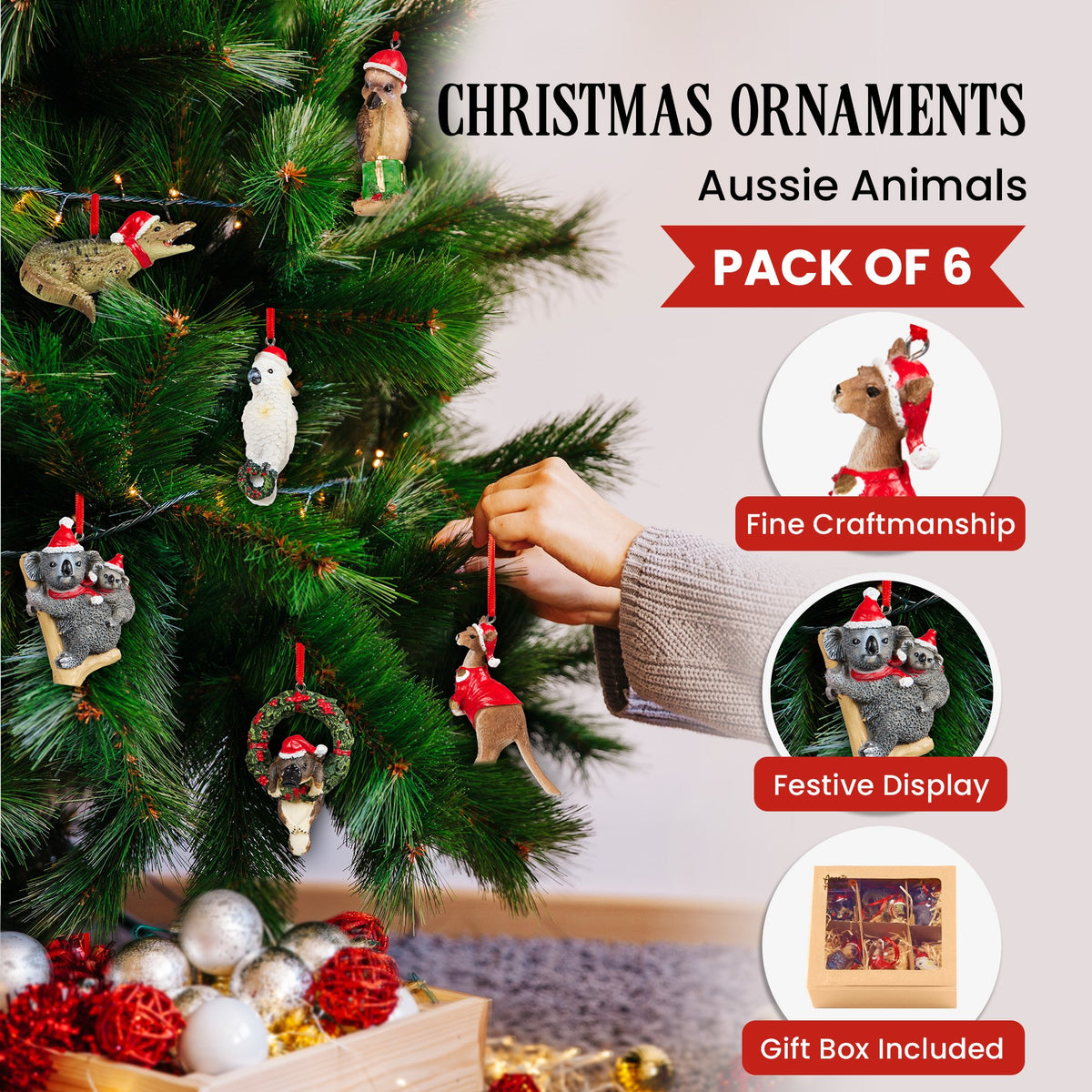 Christabelle Box of 6 Assorted Aussie Animals Christmas Tree Decorations