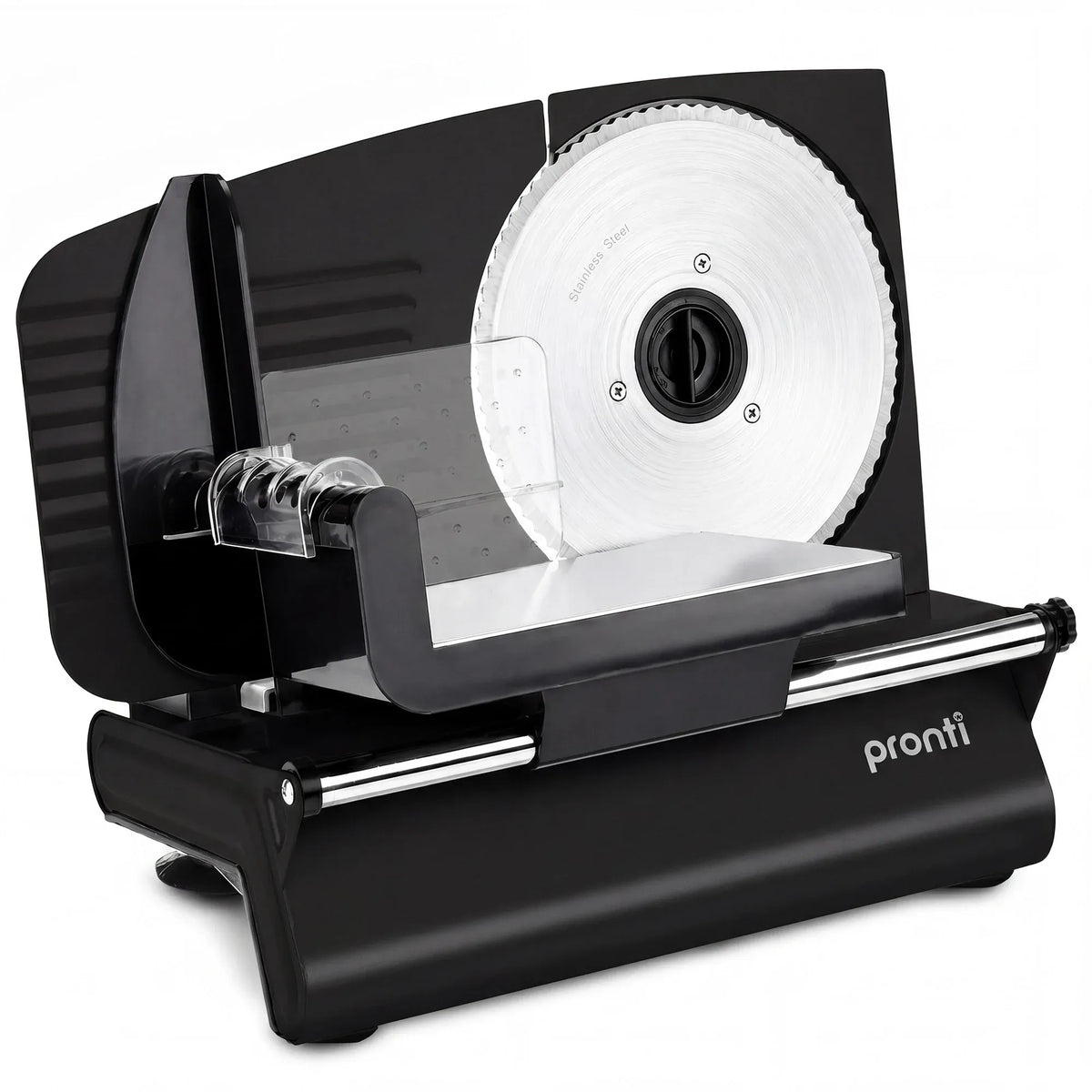 Pronti Black Electric Food Slicer 200W with Adjustable Thickness 1 to 15mm Serrated and Fine Edge Stainless Steel Blades