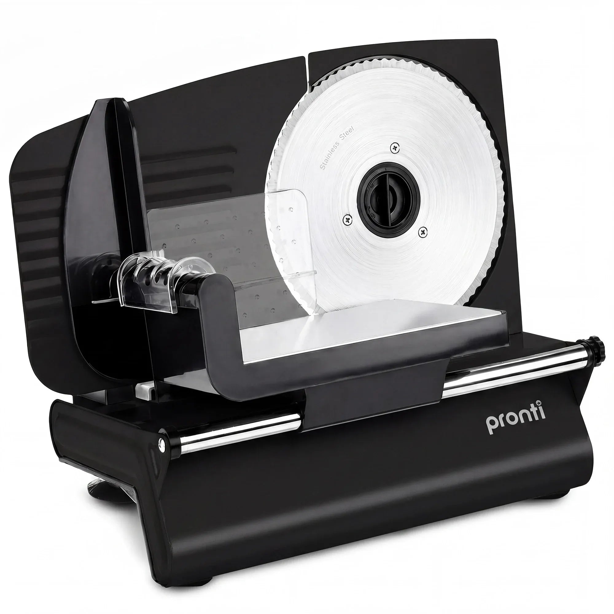 Pronti Black Electric Food Slicer 200W with Adjustable Thickness 1 to 15mm Serrated and Fine Edge Stainless Steel Blades