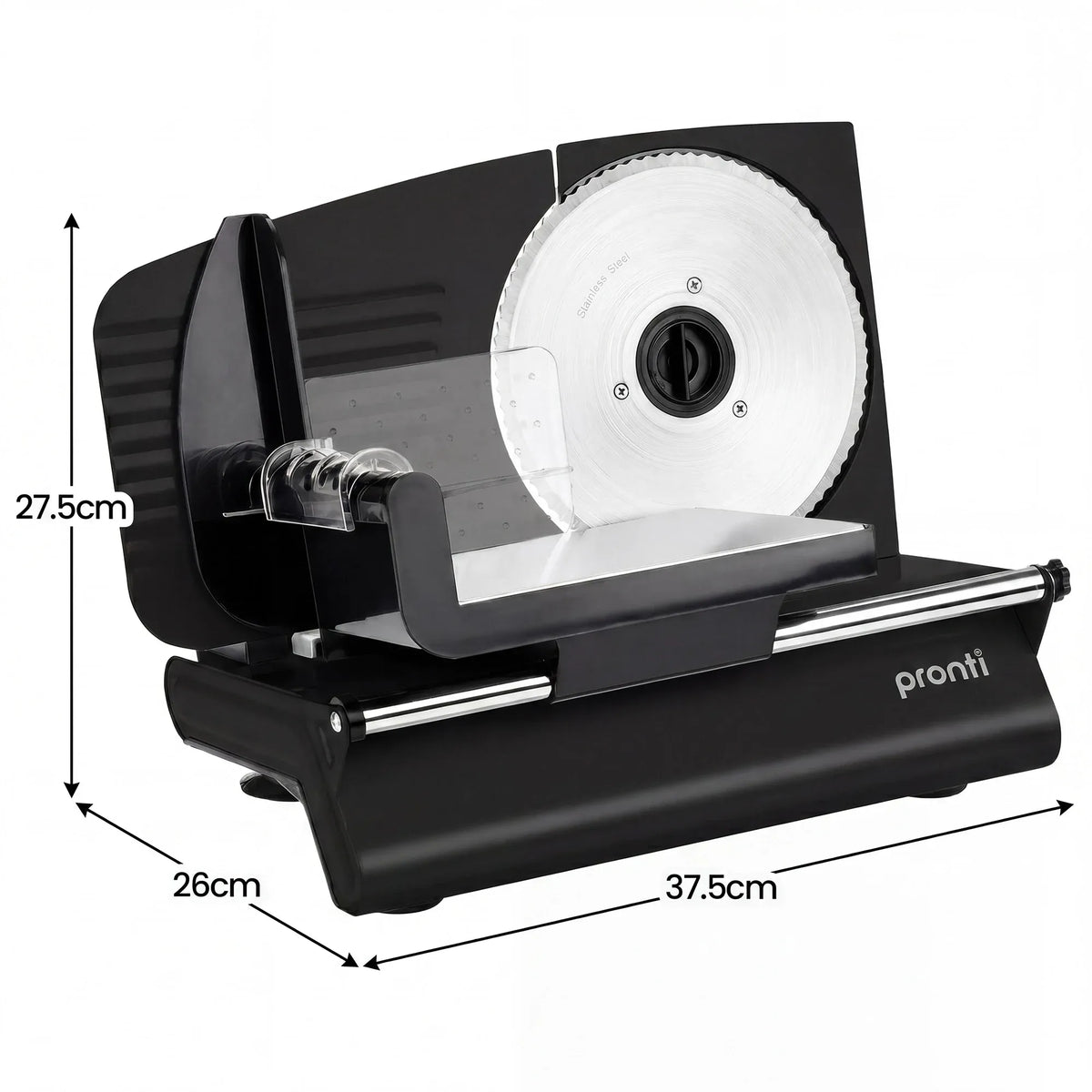 Pronti Black Electric Food Slicer 200W with Adjustable Thickness 1 to 15mm Serrated and Fine Edge Stainless Steel Blades