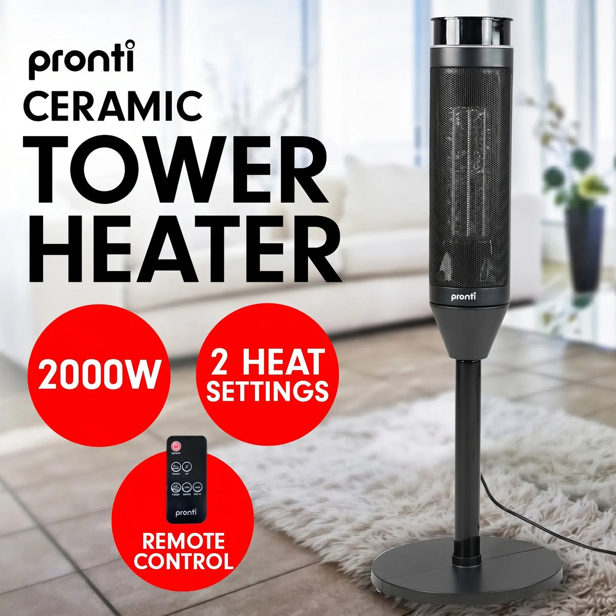 Pronti Electric Tower Heater 2000W Ceramic Portable Remote - Black