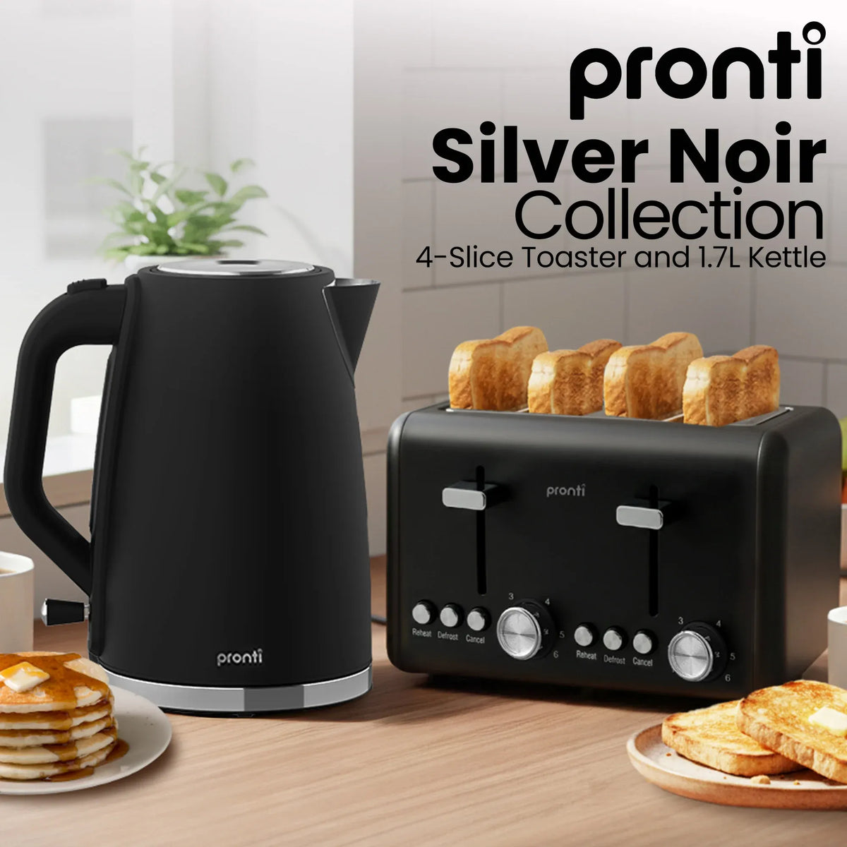 Pronti Silver Noir Collection 4 Slice Toaster and Kettle Bundle