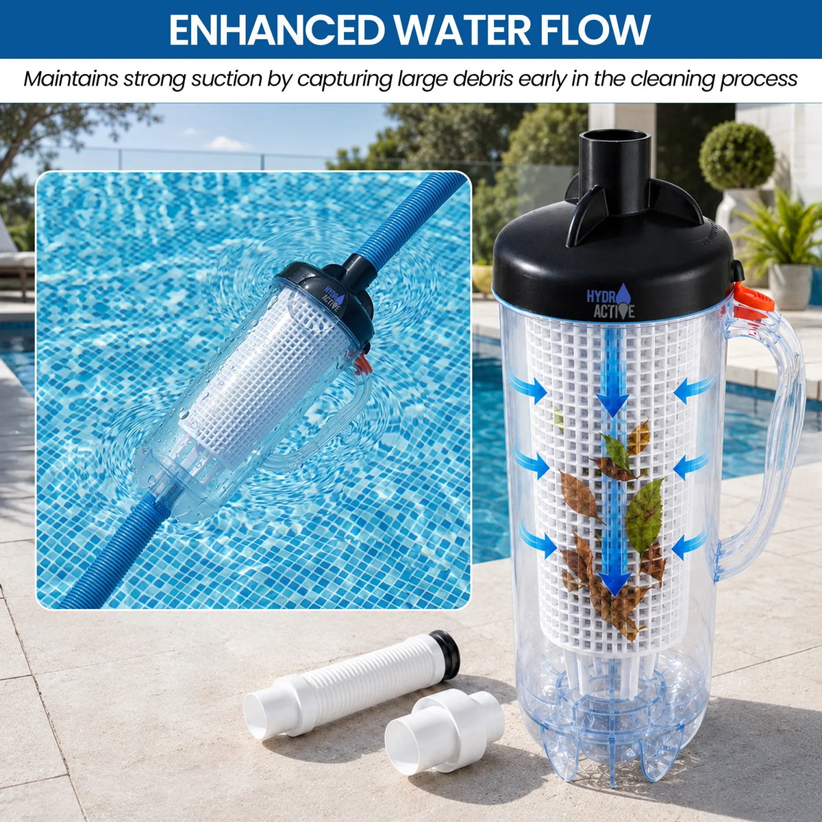 HydroActive Pool Leaf Canister Inline Debris Catcher for Suction Pool Cleaners
