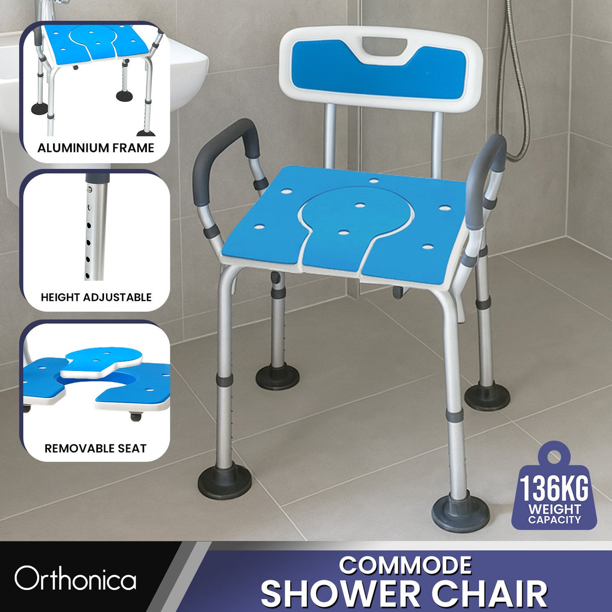 Orthonica Height-Adjustable Aluminium Commode Shower Chair with Armrests Backrest Armrests Soft Stool Seat Aid