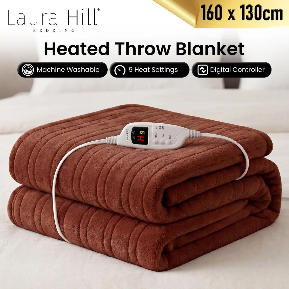 Laura Hill Electric Heated Blanket Throw Soft Coral Fleece w/ 9 Heat Settings - Brown