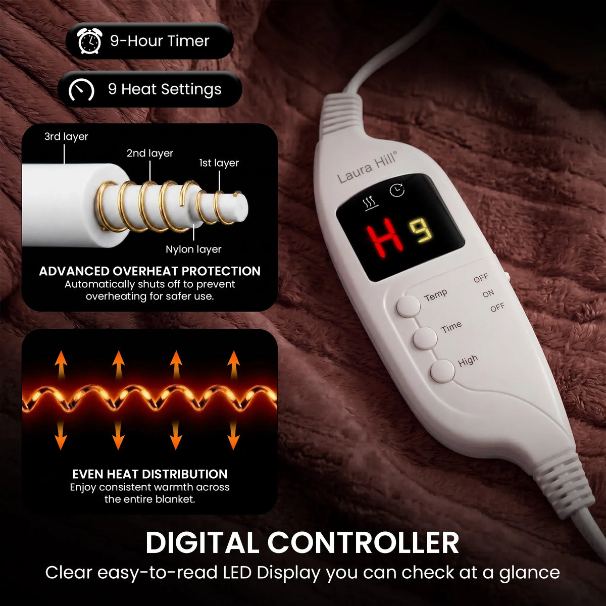 Laura Hill Electric Heated Blanket Throw Soft Coral Fleece w/ 9 Heat Settings - Brown