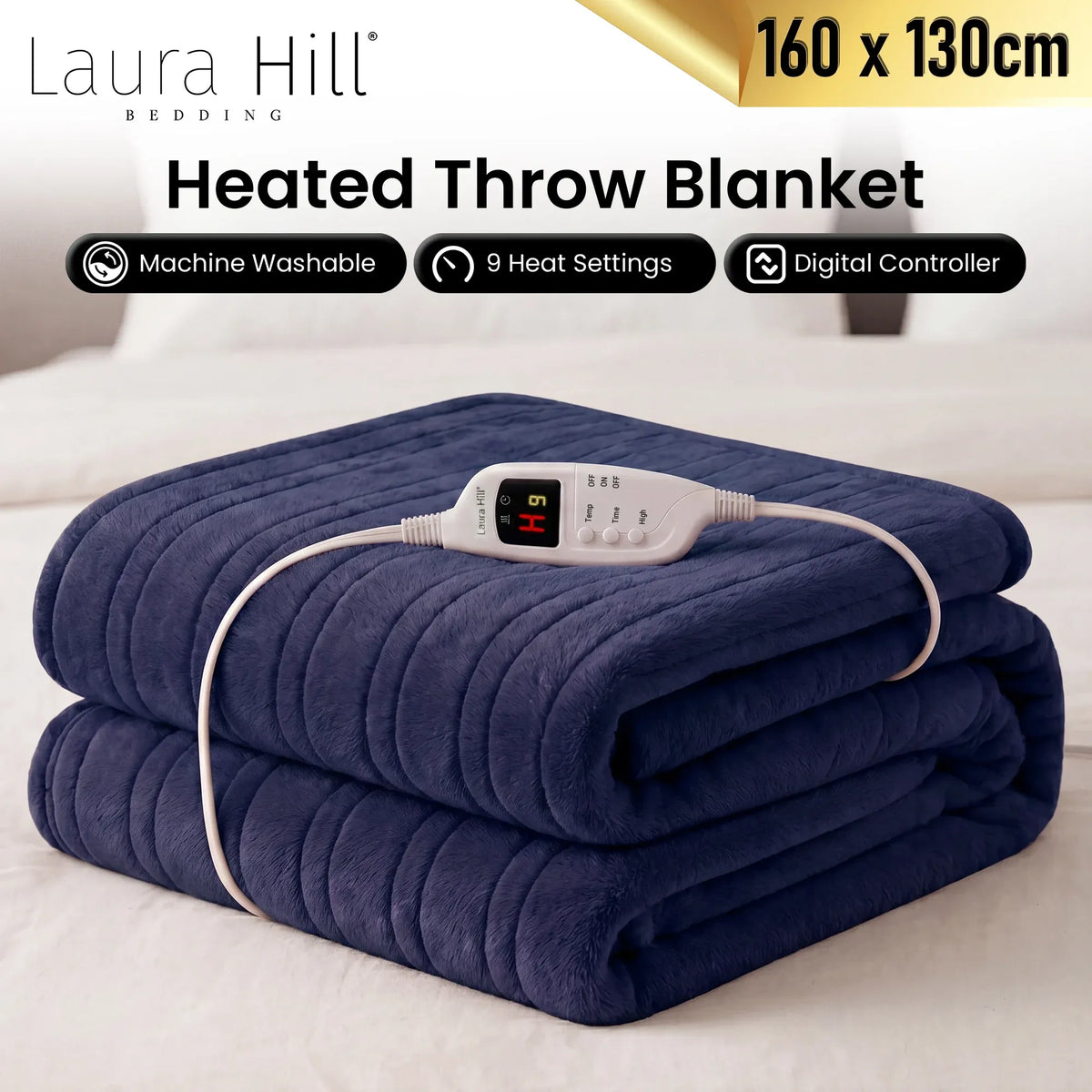 Laura Hill Electric Heated Blanket Throw Soft Coral Fleece w/ 9 Heat Settings - Blue