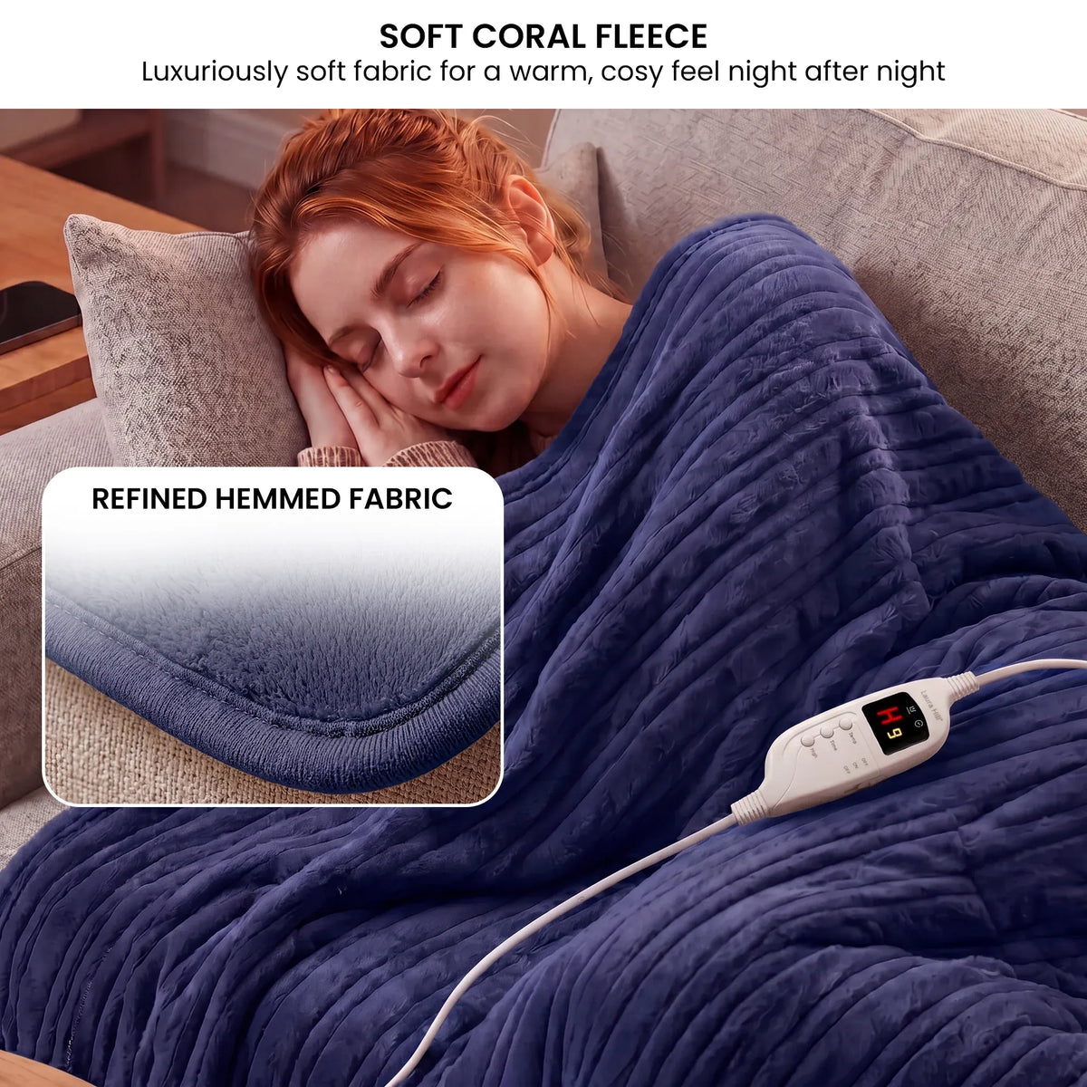 Laura Hill Electric Heated Blanket Throw Soft Coral Fleece w/ 9 Heat Settings - Blue
