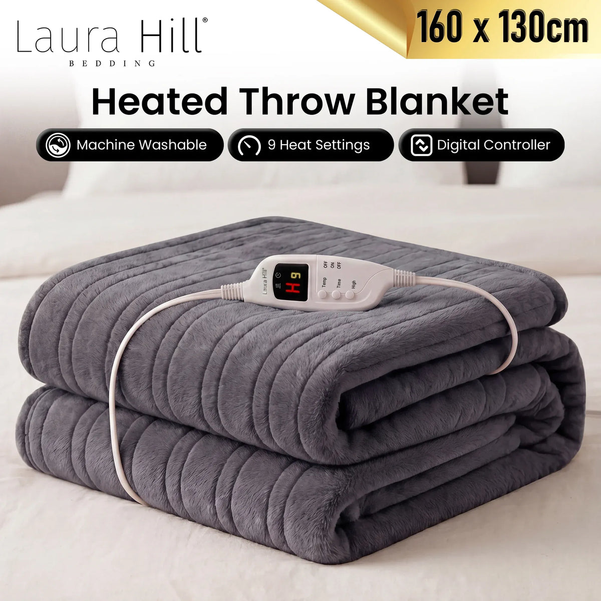 Laura Hill Electric Heated Blanket Throw Soft Coral Fleece w/ 9 Heat Settings - Grey