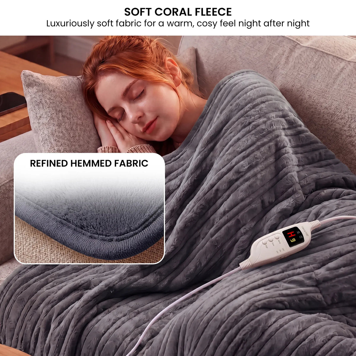 Laura Hill Electric Heated Blanket Throw Soft Coral Fleece w/ 9 Heat Settings - Grey