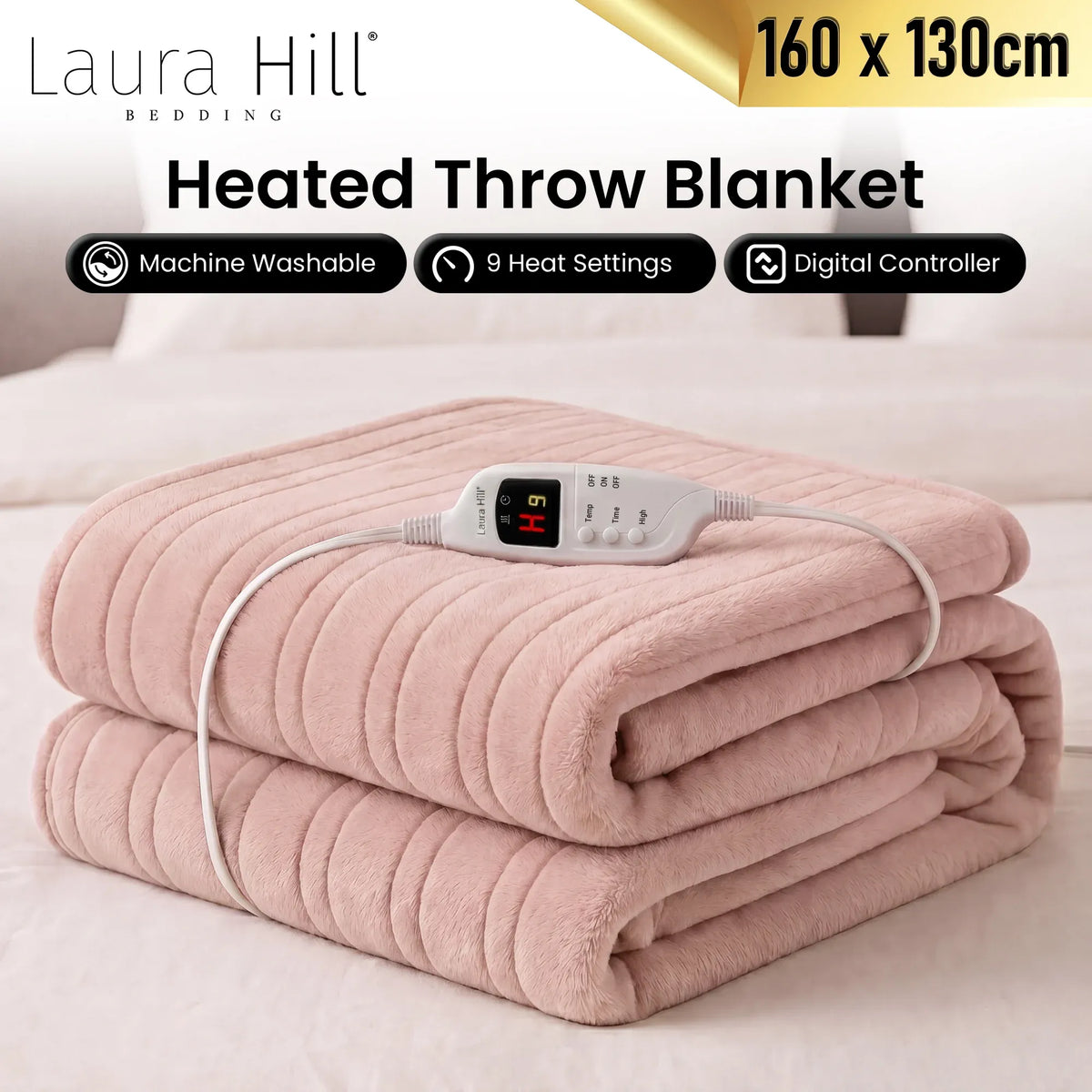 Laura Hill Electric Heated Blanket Throw Soft Coral Fleece w/ 9 Heat Settings - Pink