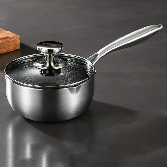 24cm 316L Stainless Steel Saucepan Compound Steel Honeycomb Nonstick Sauce Pan with Glass Lid 3.2L Pot Stay-Cool Handle Multipurpose Milk Saucepan, Induction Capable and Gas Stove