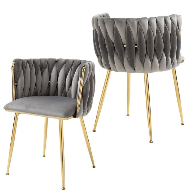 SERENITà Grey Handwoven Velvet Dining Chairs Gold Legs Set of 2