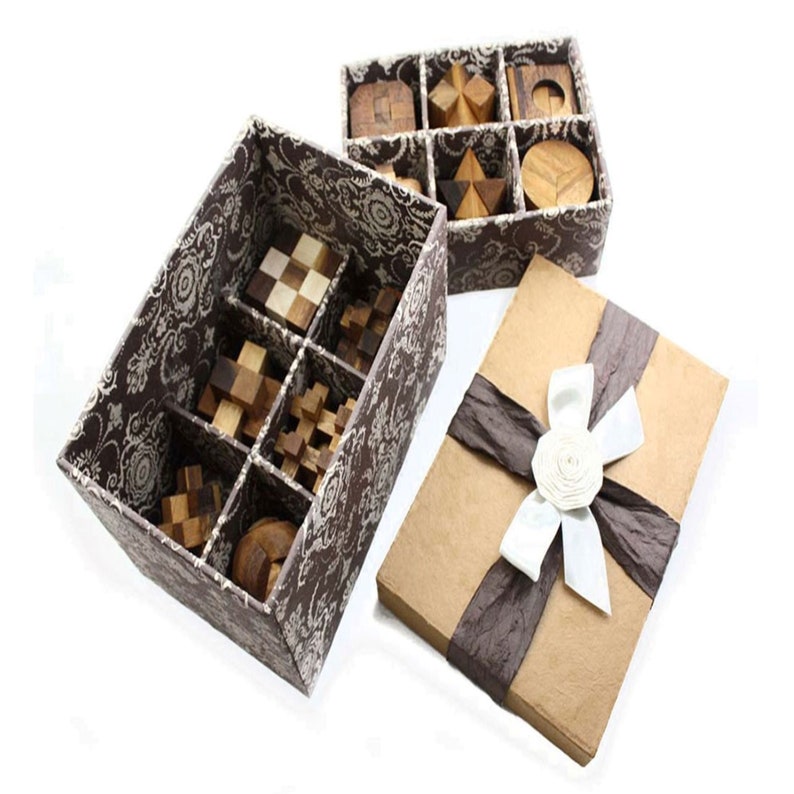 12 Puzzle Brain teaser interlocking wooden Puzzle set in a - for kids or adults