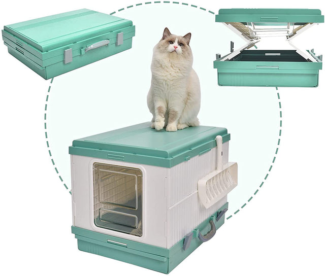 YES4PETS XL Portable Cat Litter Box Tray Foldable House Handle Scoop Green