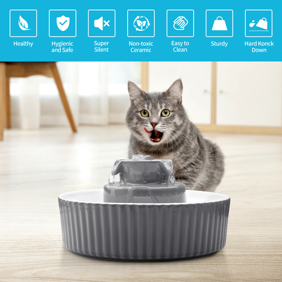 YES4PETS Grey Ceramic Electric Pet Water Fountain Dog Cat - V278-PWC-101-GREY