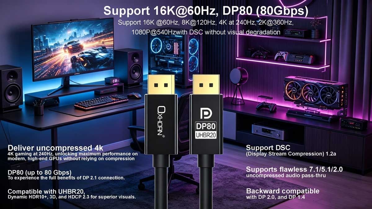 OXHORN CB-DP-16K-02 DisplayPort 2.1 Cable DP80 1.8m