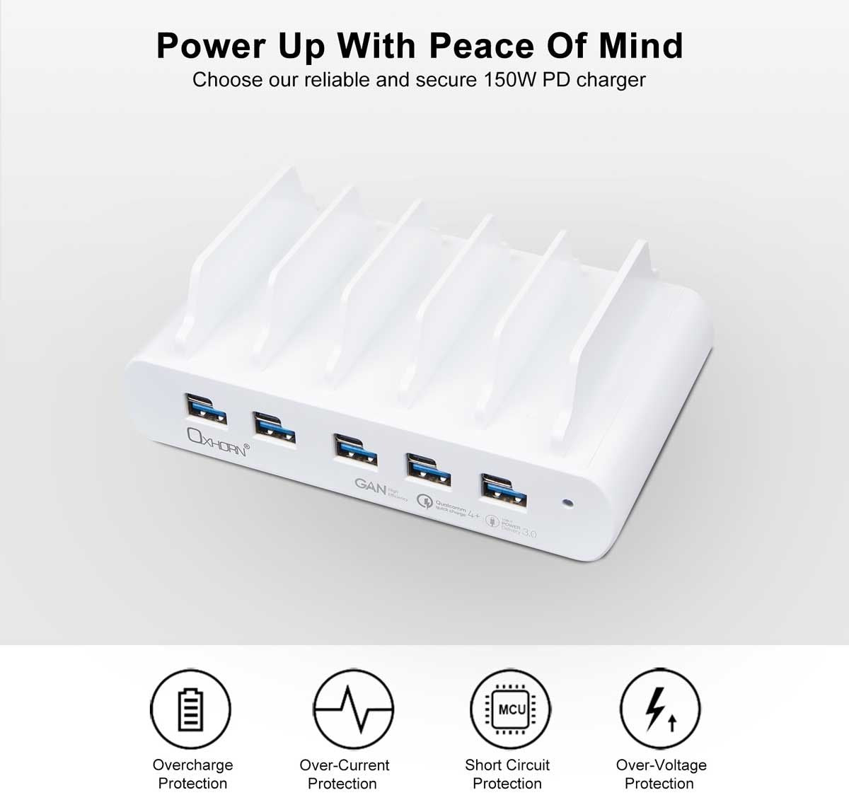 OXHORN NB-PD150D PD 150W 5-Port (5A+5C) Charging Dock with build-in rack
