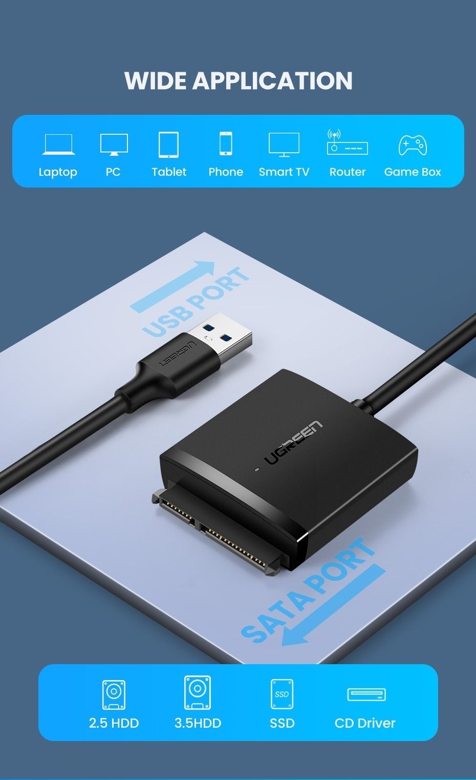 UGREEN 60561 SATA to USB 3.0 Adapter Cable with UASP SATA III to USB Converter