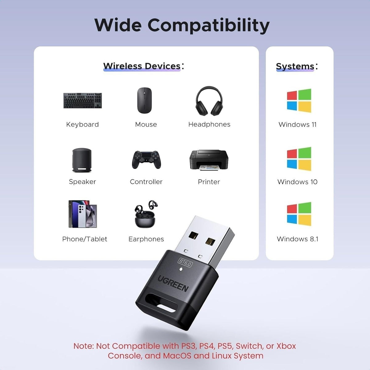 UGREEN 75073 Bluetooth 6.0 USB Dongle Adapter 20m Range, 5 Device Connection, Plug & Play for PC/Laptop