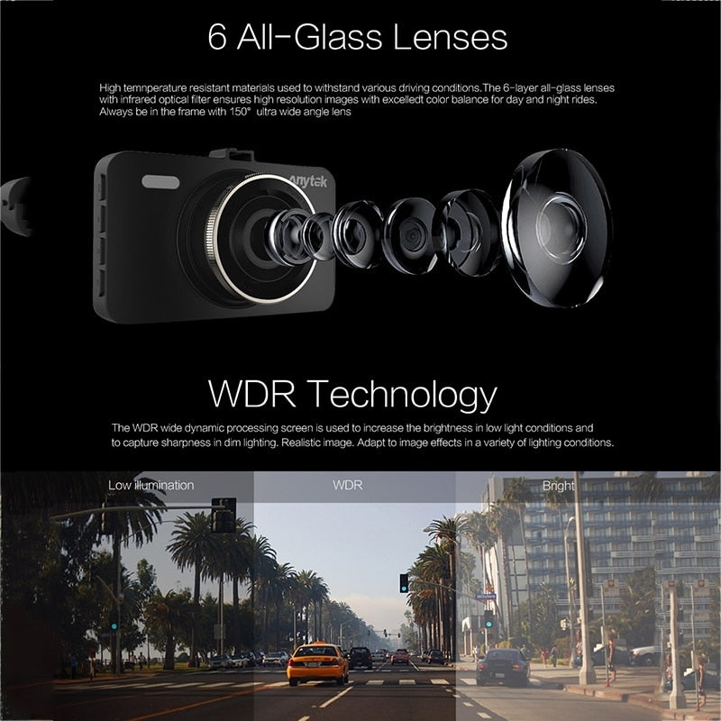 Anytek A78 Car Dash Cam Full HD 1080P Car DVR 170 Degree Wide Angle (24 Hours