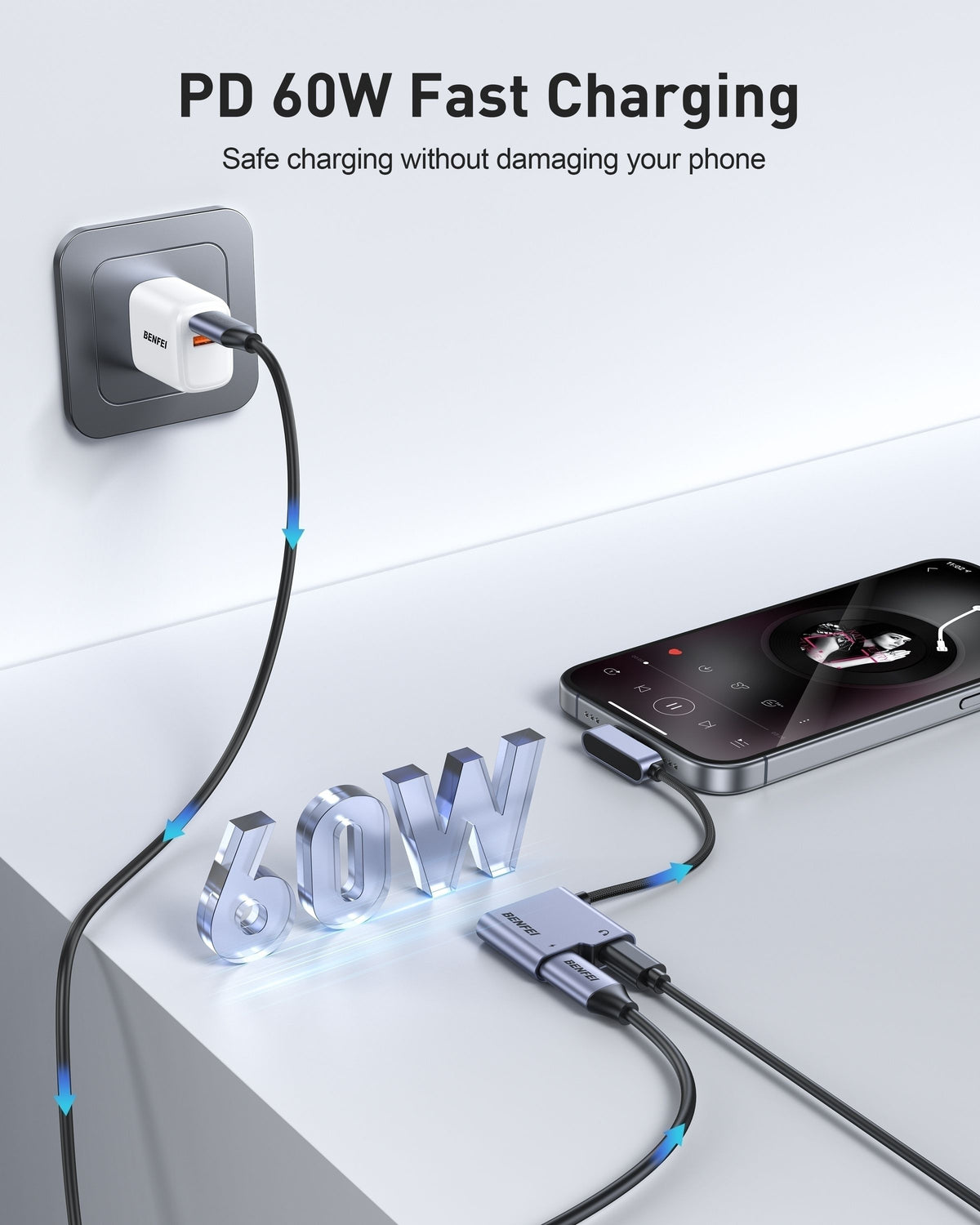 BENFEI 000413GY USB-C to USB-C Audio Headphone + Data Transfer and Charging Adapter