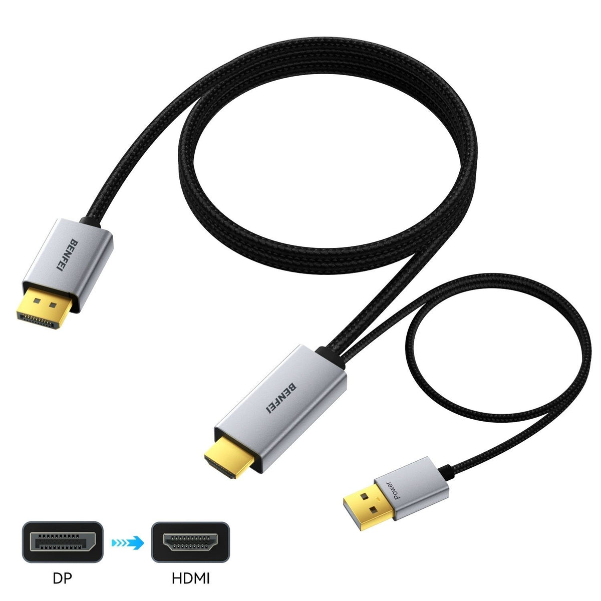 BENFEI 000419GY 8K DisplayPort V1.4 to HDMI V2.1 Aluminum Shell, Nylon Braided Cable 1.8M