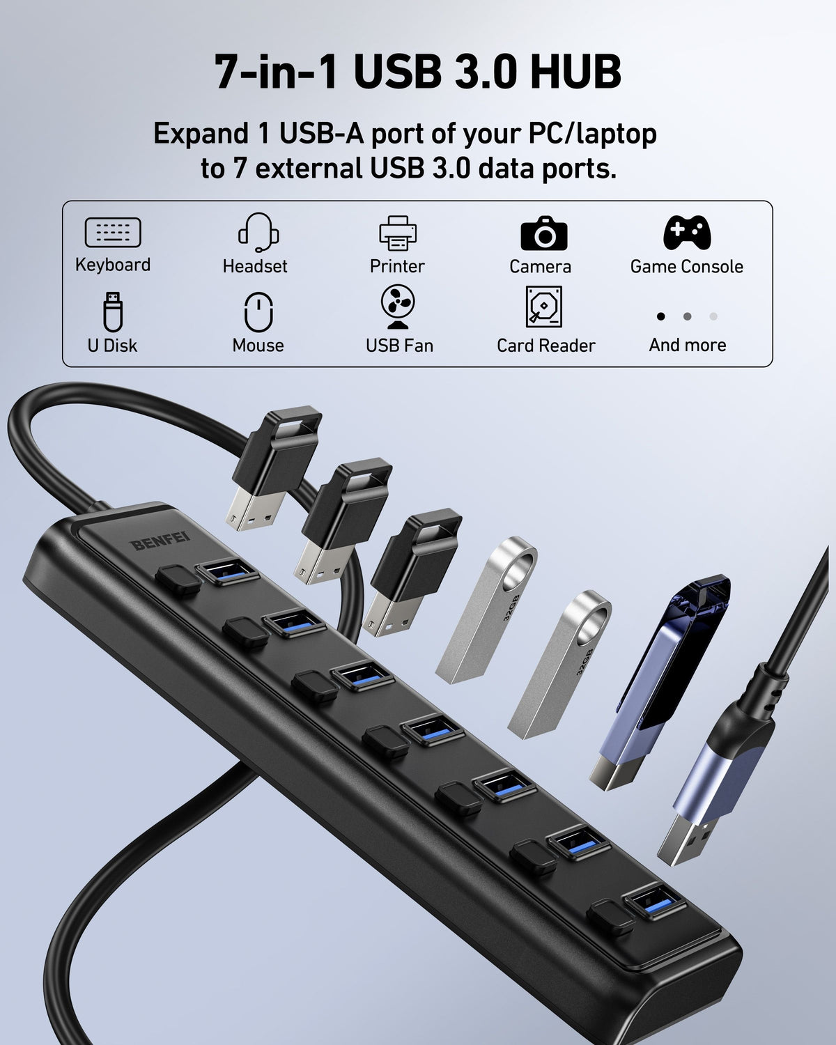 BENFEI 000425BK USB3.0 to 7 Port USB3.0 HUB (Black)