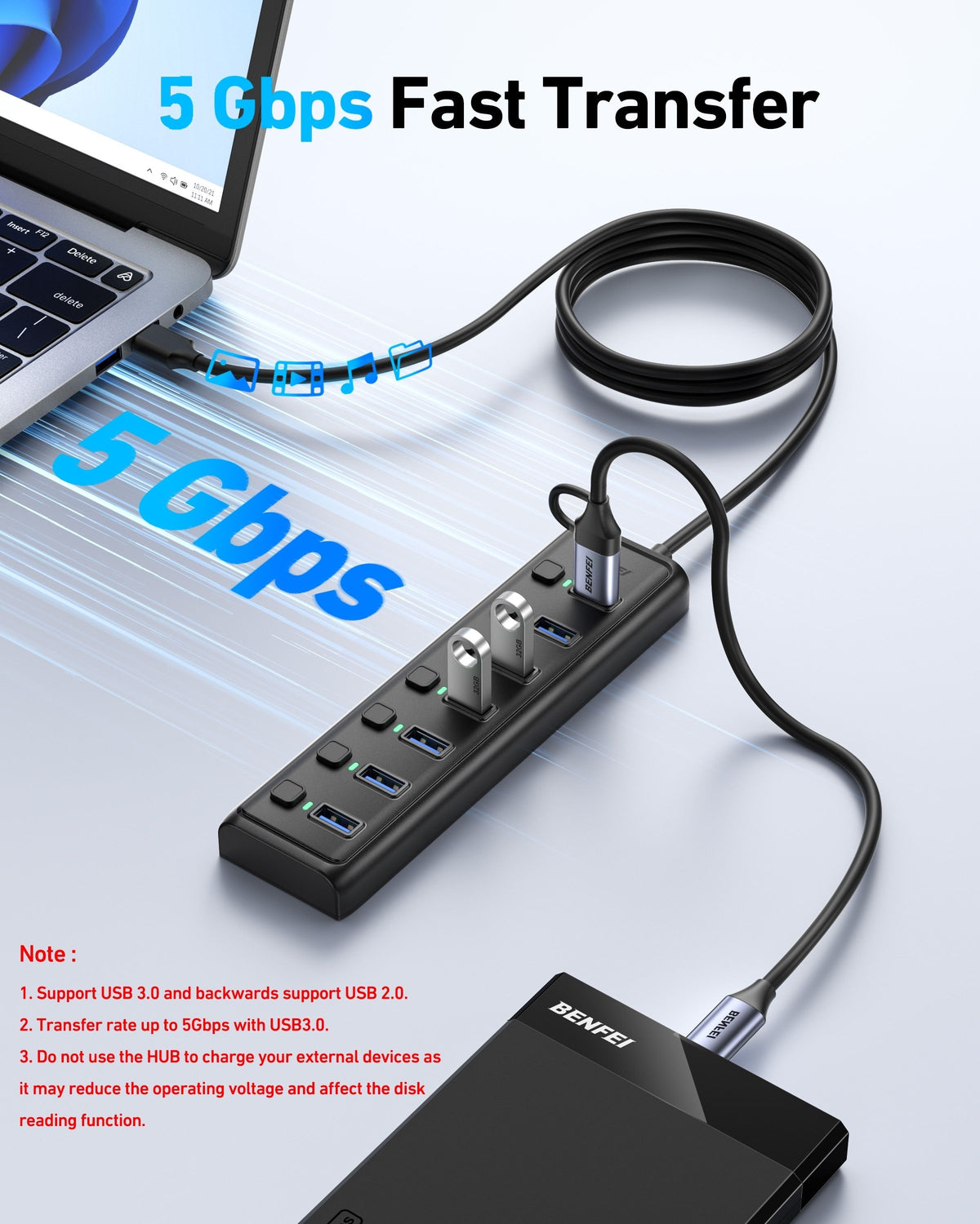 BENFEI 000425BK USB3.0 to 7 Port USB3.0 HUB (Black)