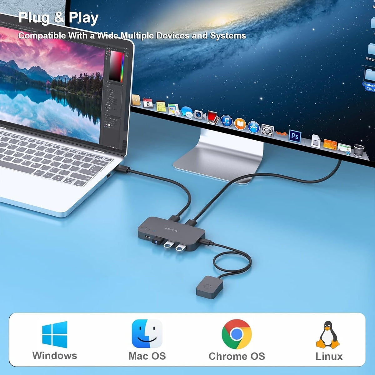 BENFEI 000376BK USB 3.0 Switch, USB Switcher 2 Computers Share 3xUSB 3.0 and 1xUSB C with Remote
