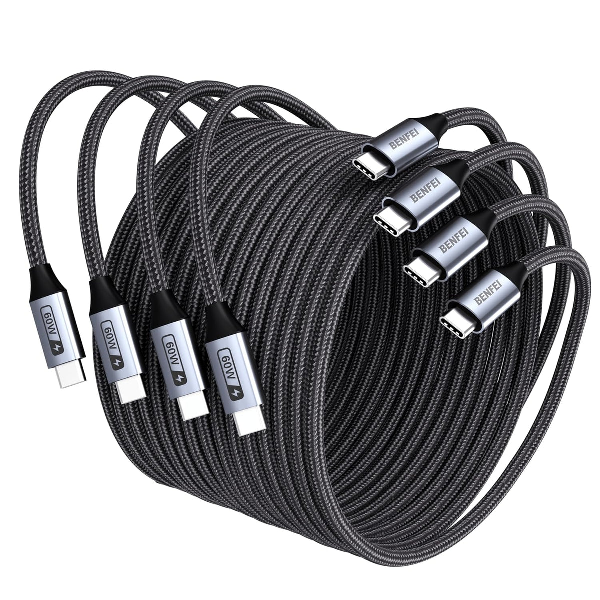 BENFEI 000382GY-4P USB C Fast Charging 60W Cable, 4-Pack(3.3ft/1M x 2 + /6.6ft/2M x 2) Nylon Braided Cable for I-phone 15/16/17 and Samsung / Google phone.