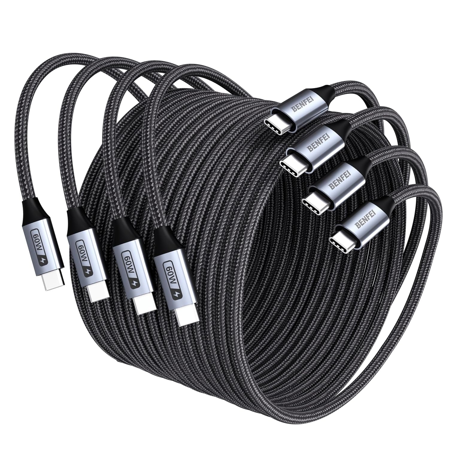 BENFEI 000382GY-4P USB C Fast Charging 60W Cable, 4-Pack(3.3ft/1M x 2 + /6.6ft/2M x 2) Nylon Braided Cable for I-phone 15/16/17 and Samsung / Google phone.