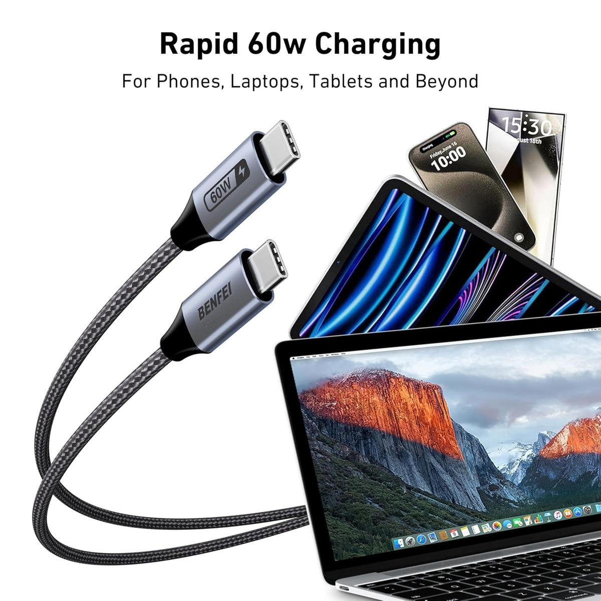 BENFEI 000383GY USB-C to USB-C Cable (4K@120Hz), 100W PD Fast Charging, 10Gbps Data Transfer for I-phone 15/16/17 and Samsung / Google phone 1M
