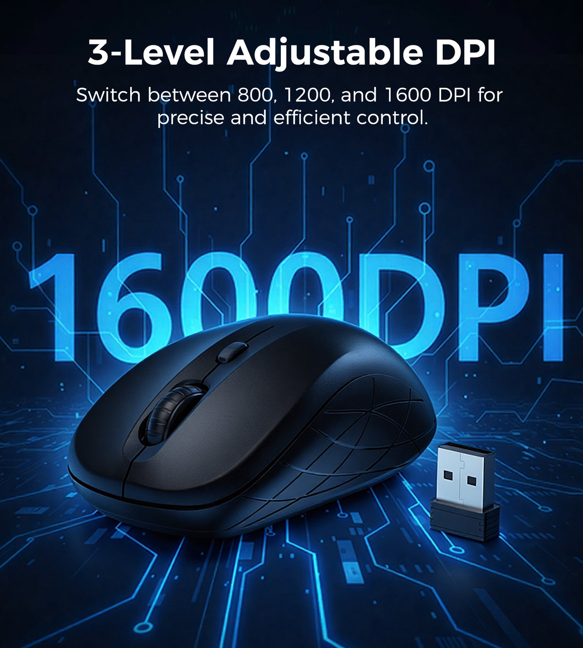 Choetech KB-002-BK 3-Level Adjustable 1600 DPI Wireless Mouse (Black)
