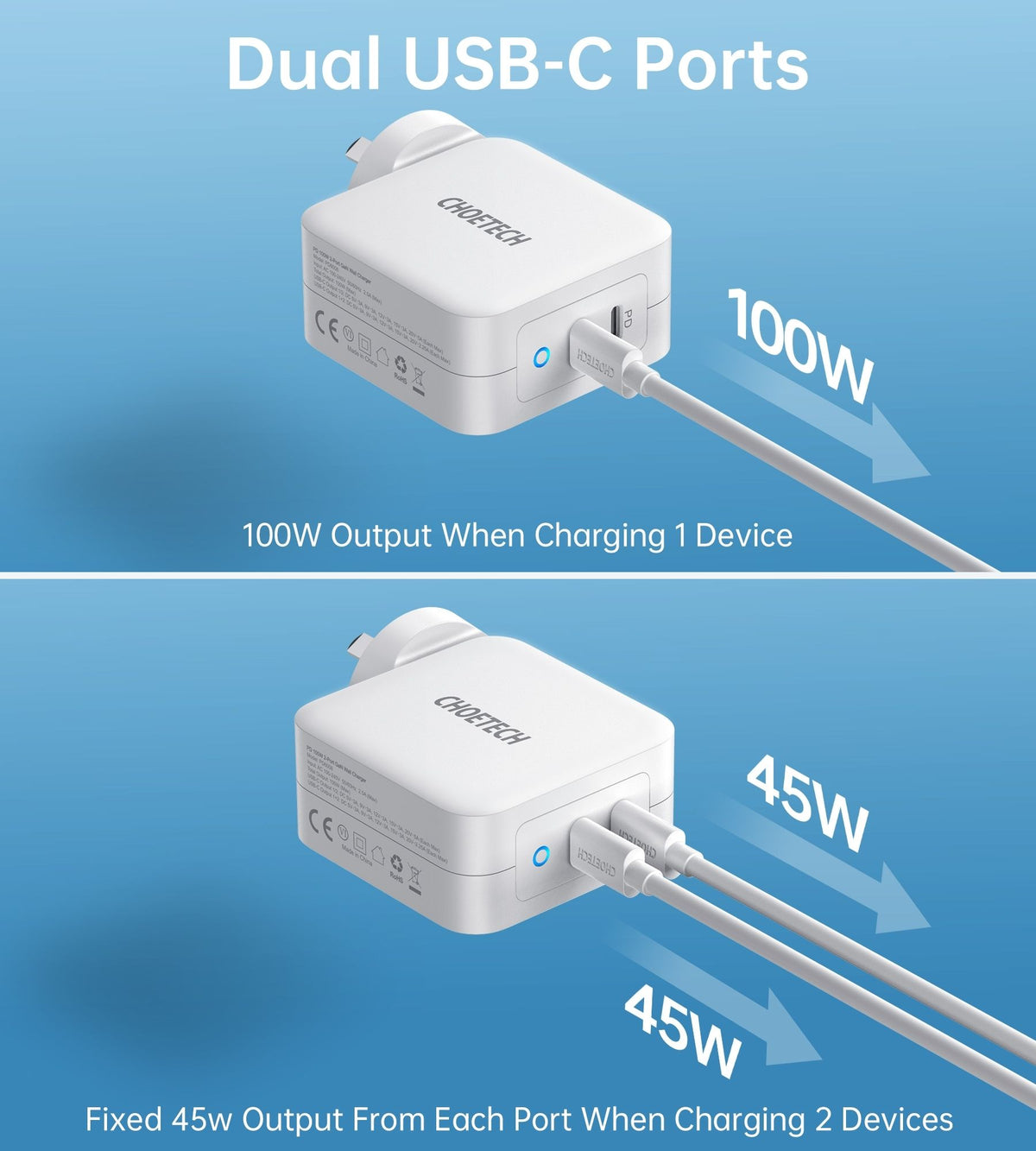 CHOETECH PD6008  GAN Dual Type-C 100w Travel Charger (US/EU/UK/AU)
