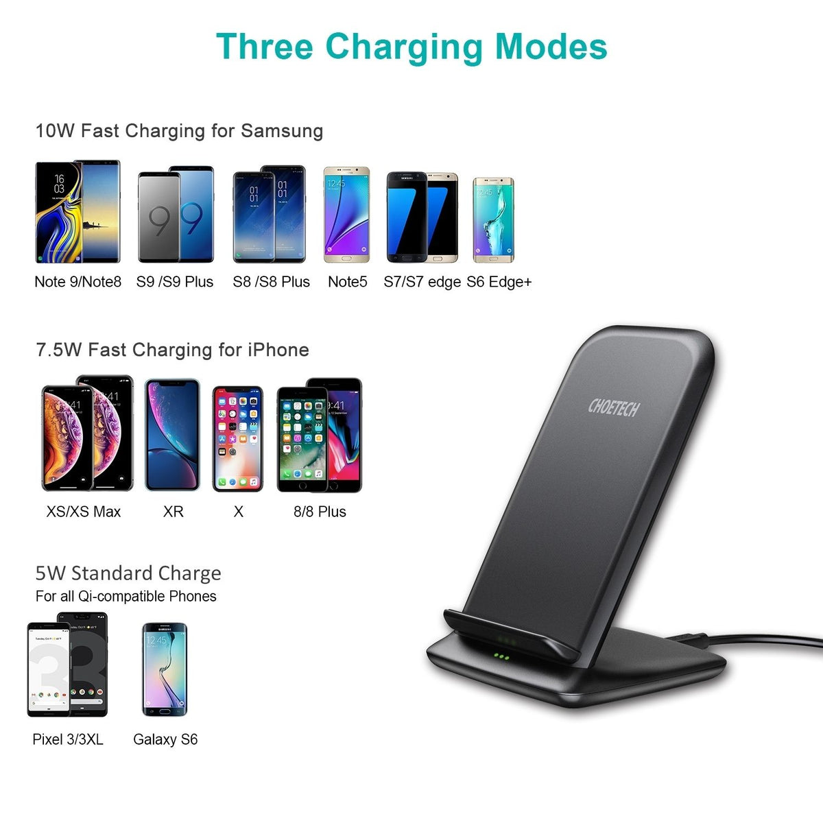 CHOETECH T555-F 15W Fast Wireless Dual Coils Charger Stand Qi for iPhone/Samsung Black