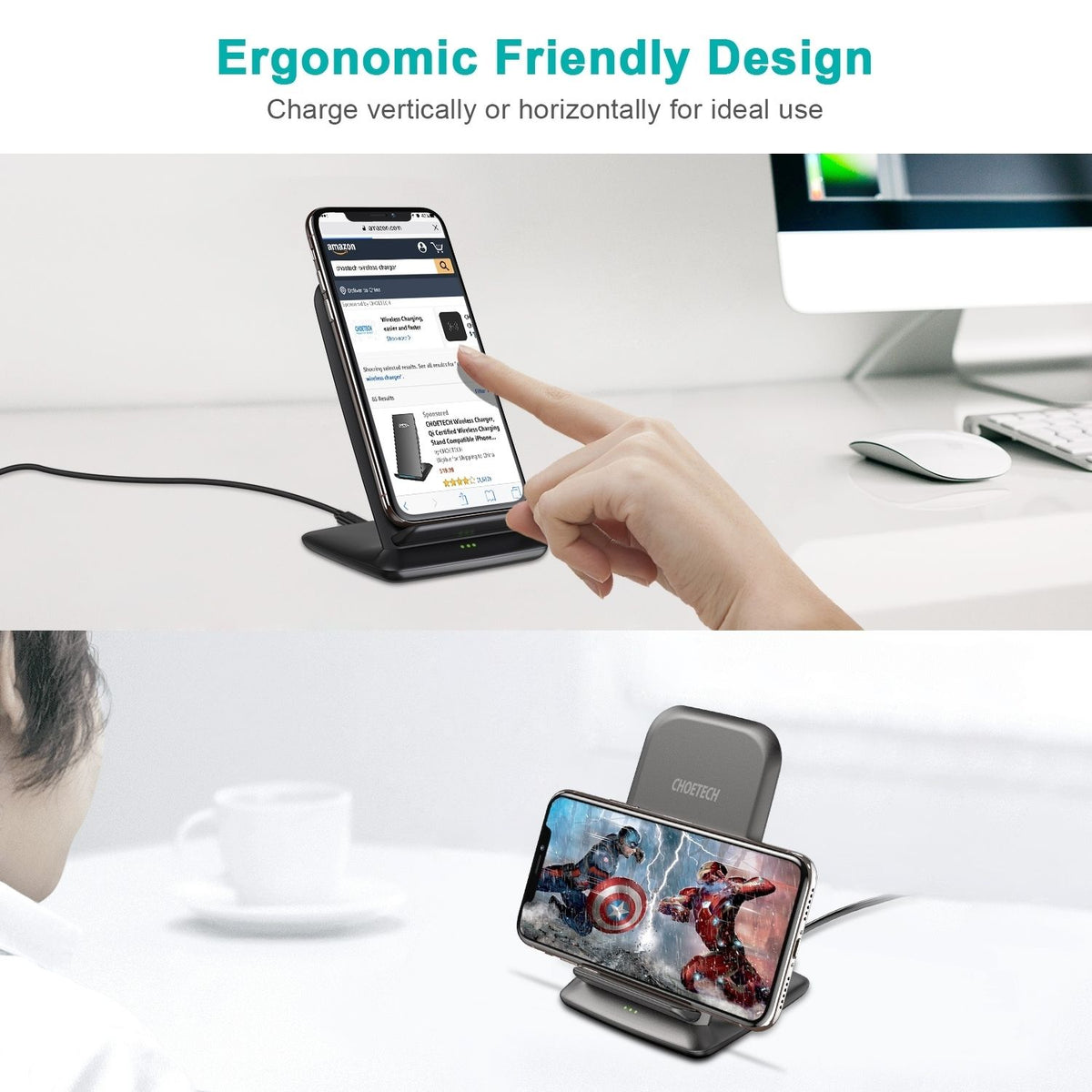 CHOETECH T555-F 15W Fast Wireless Dual Coils Charger Stand Qi for iPhone/Samsung Black
