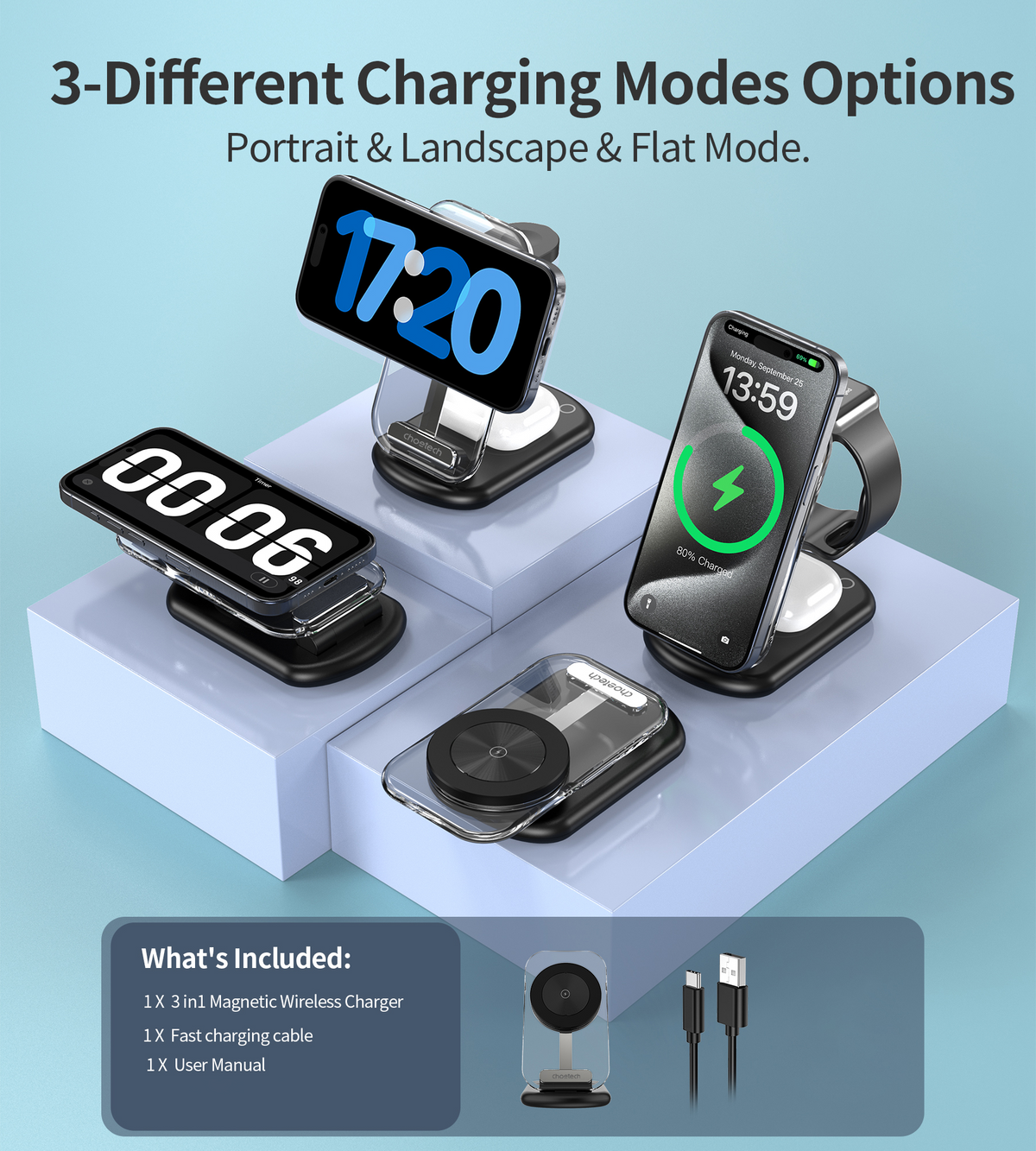 CHOETECH T618-F-BK 3-in-1 15W MagSafe Wireless fast Charger Stand for iPhone i-Watch AirPods w/ Ambient Light