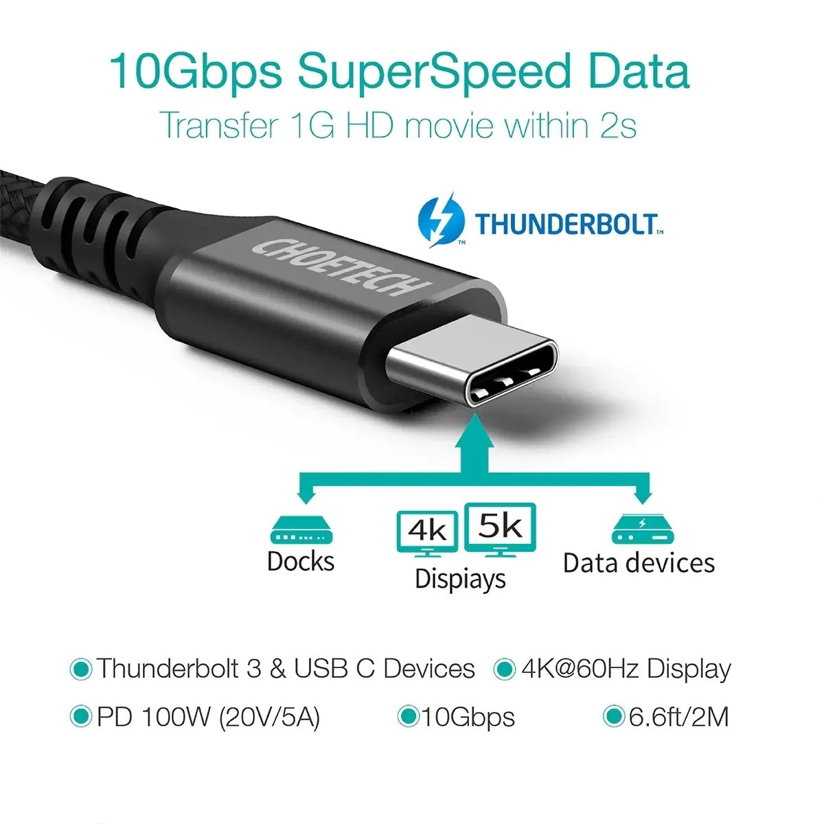 CHOETECH XCC-1027 USB-C M to M PD100W 5 Cable 2M