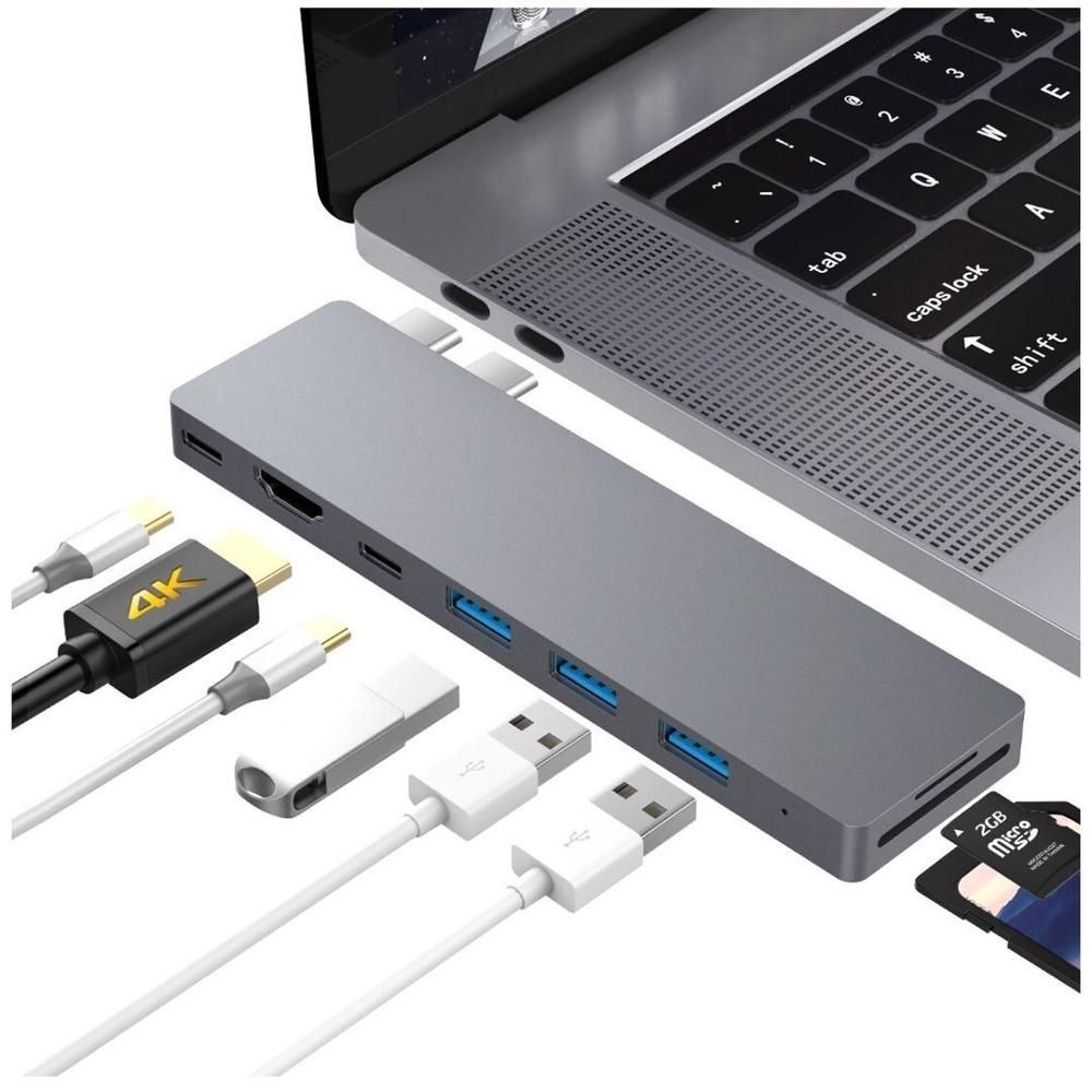 INTACT 9820T 8-in-1 Dual USB-C Adapter for MacBook/Pro HDMI/ Thunderbolt3/USB3.0*3/TypeC/SD/TF