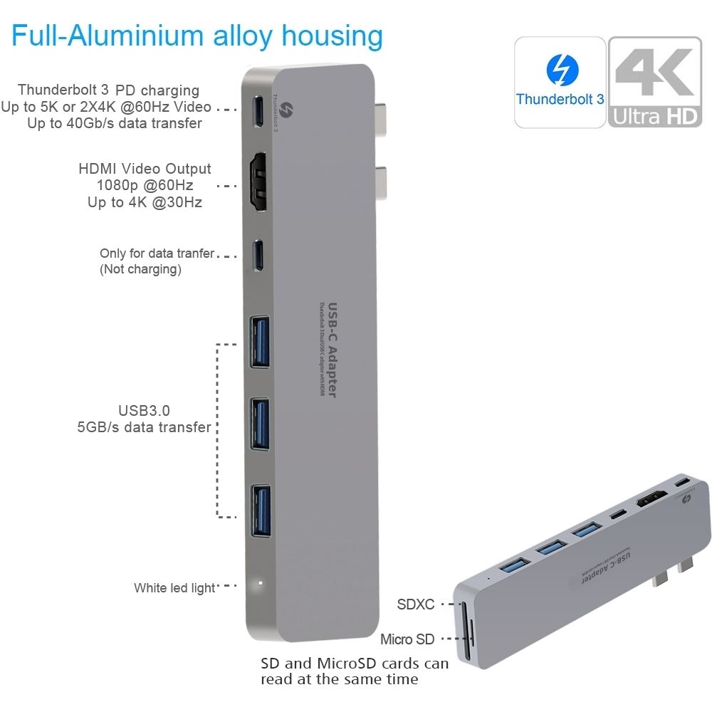 INTACT 9820T 8-in-1 Dual USB-C Adapter for MacBook/Pro HDMI/ Thunderbolt3/USB3.0*3/TypeC/SD/TF