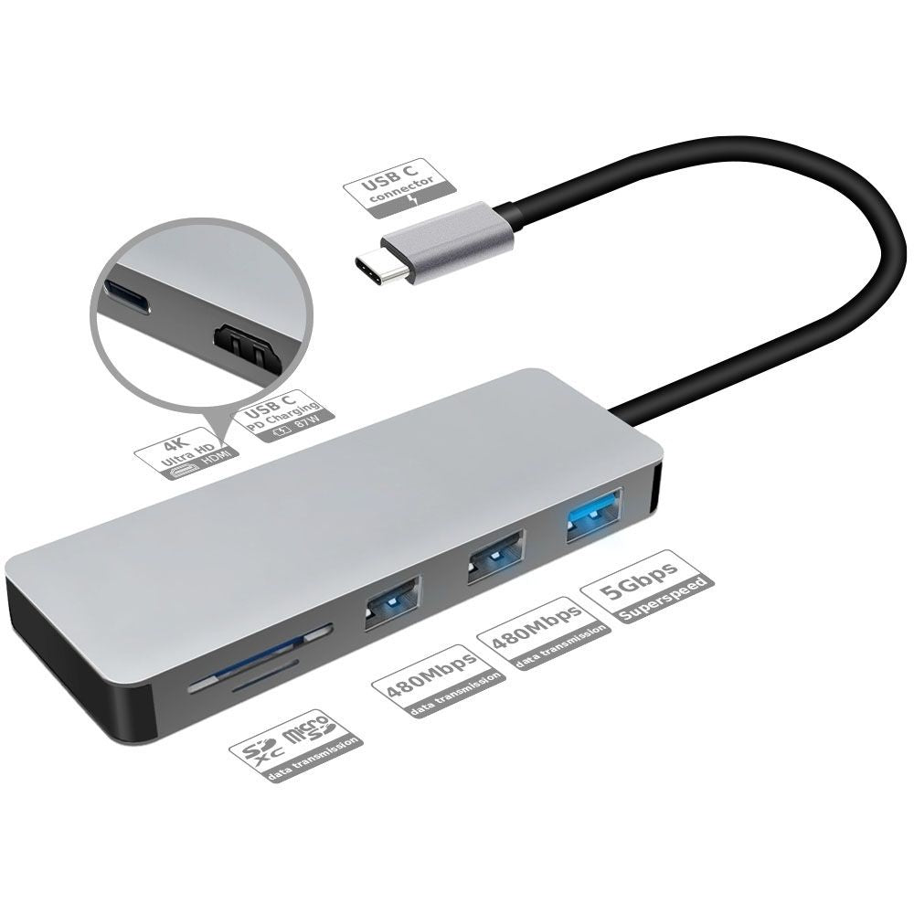 INTACT 9822T USB-C 7-in-1 Multifunction Adapter HDMI/USB3.0*1/USB2.0*2/SD/TF/USB-C PD
