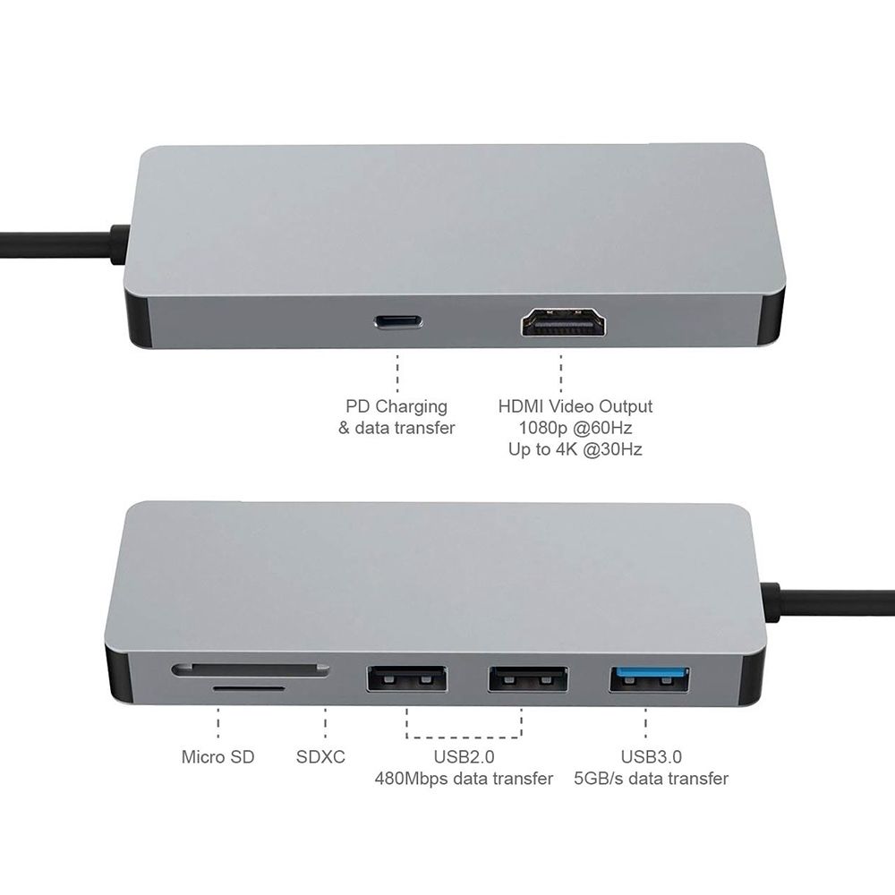 INTACT 9822T USB-C 7-in-1 Multifunction Adapter HDMI/USB3.0*1/USB2.0*2/SD/TF/USB-C PD