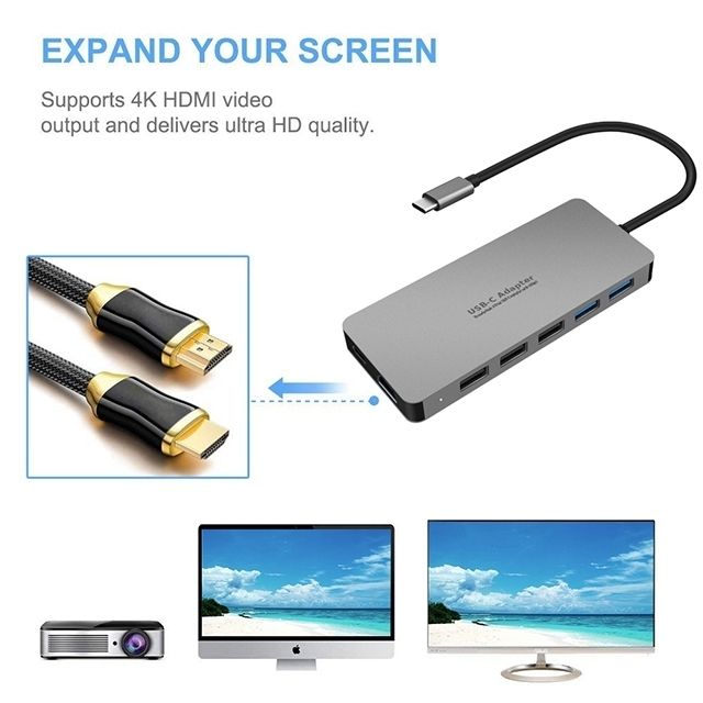 INTACT 9845T 11-in-1 USB-C Adapter HDMI/USB3.0*2/USB2.0*3/TypeC/SD*2/TF/ USB-C PD