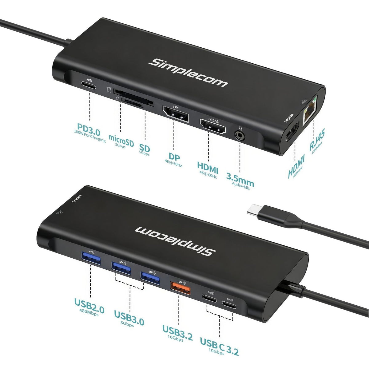 Simplecom CHT814 14-in-1 USB-C 4K Triple Display MST Docking Station with Dual HDMI DP